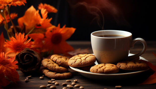 coffee and cookies autumn leaves on a wooden table