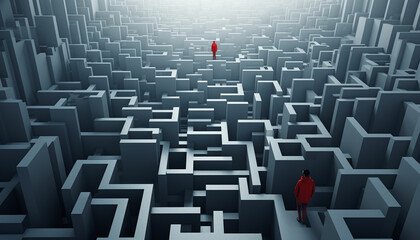 a man standing in front of a maze with a red coat - obrazy, fototapety, plakaty