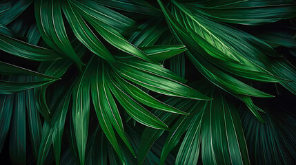 Tropical palm leaves on dark background. Exotic background. - obrazy, fototapety, plakaty