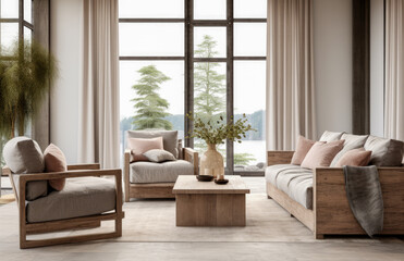 Luxurious living room area composition in rustic style