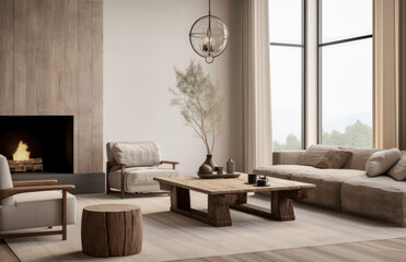 Luxurious living room area composition in rustic style