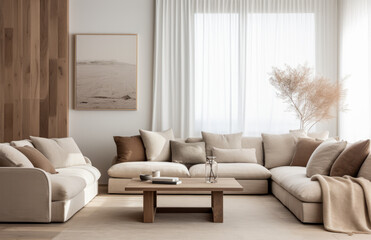 Fototapeta na wymiar Luxurious living room area composition in rustic style