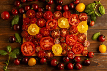 Beautiful composition of slices of juicy tomatoes, natural background,