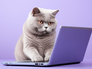 British Shorthair cat with a laptop. Purple background.