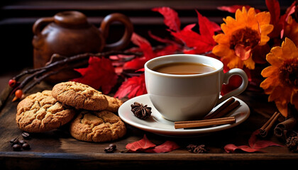 coffee and cookies autumn leaves on a wooden table