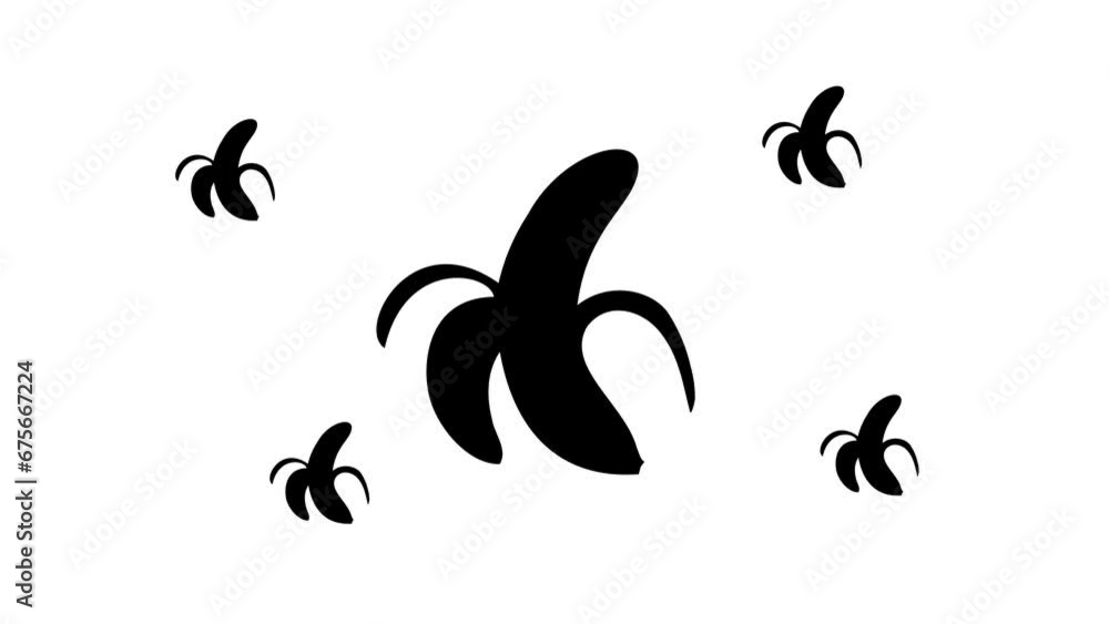 Poster zoom in and out animation the peeled banana symbol. large black symbol in the center and four small 