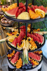 Fruit light snacks. Variety of fresh organically pure fruits on buffet table at festive event.
