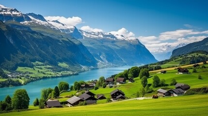 Idyllic Swiss nature landscape - green meadows surrounded by Alps mountains. Scenic lake Brienz,...