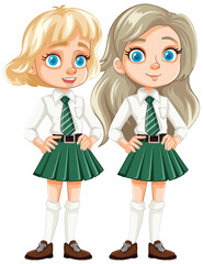 Two Cute Female Friends in School Uniform Cartoon