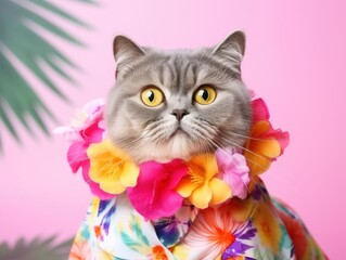 Scottish Fold Cat wearing a Hawaiian shirt.