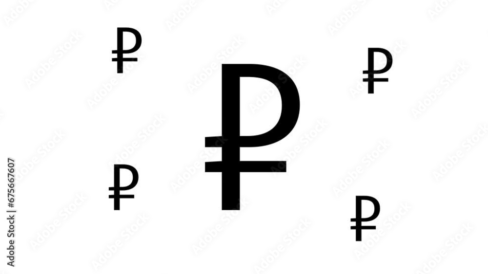 Poster zoom in and out animation the ruble symbol. large black symbol in the center and four small symbols 