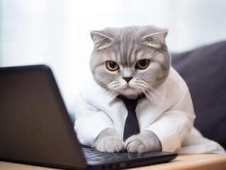 Scottish Fold Cat with a laptop wearing shirt and tie.