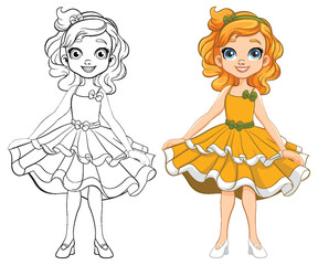 Party Princess: A Girl Cartoon Character in a Doodle Outline Dress