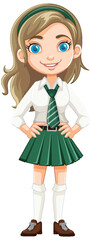 Smiling Cartoon Character: Beautiful Girl Student in School Uniform