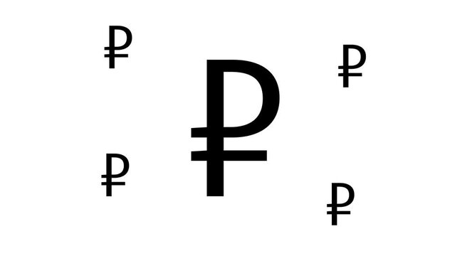 Zoom in and out animation the ruble symbol. Large black symbol in the center and four small symbols around. Seamless looped 4k animation on white background