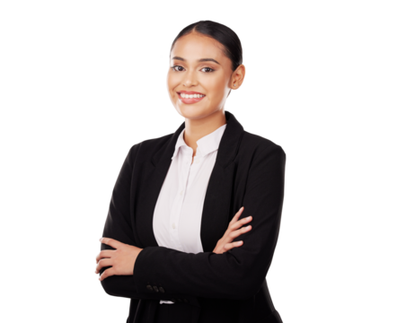 Crossed arms, woman and portrait of businesswoman on isolated transparent png background. Happy, young and professional corporate lawyer with confidence, face and smile for about us and positive