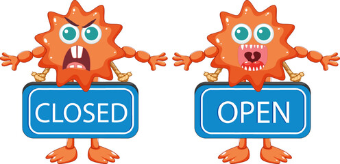 Monster Cartoon Character with Open and Closed Sign Banner