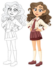Beautiful Teen Girl in High School Uniform Cartoon