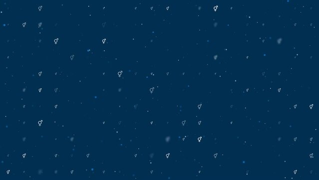 Template animation of evenly spaced bigender symbols of different sizes and opacity. Animation of transparency and size. Seamless looped 4k animation on dark blue background with stars