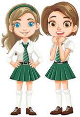 Two Cute Female Friends in School Uniform Cartoon
