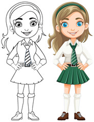Smiling Cartoon Girl Student in School Uniform