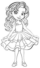 Cute Girl Cartoon Character in Fancy Cocktail Party Dress