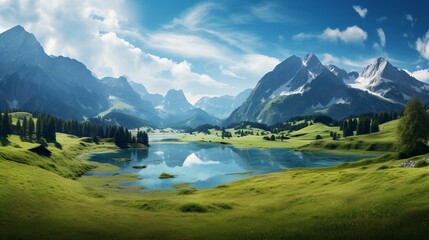 Panoramic view of idyllic summer landscape in the Alps with clear mountain lake and fresh green...