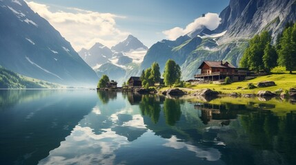 Peaceful summer view on Obersee lake in Swiss Alps. Sunrise sky and mountains reflections in clear water. Nafels village, Switzerland. Landscape photography - obrazy, fototapety, plakaty