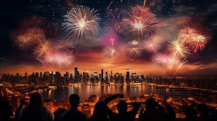 A spectacular New Year's Eve fireworks display over a city skyline, with families and friends gathered to watch