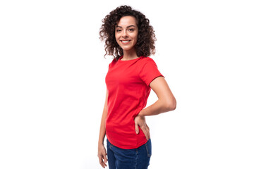 young beautiful curly brunette woman dressed in a red t-shirt with an identity print mockup