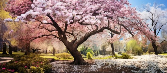 The spring garden was a beautiful sight with its white floral tree in the background adorned with pink flowers showcasing the natural beauty of the blooming nature and the vibrant colors of
