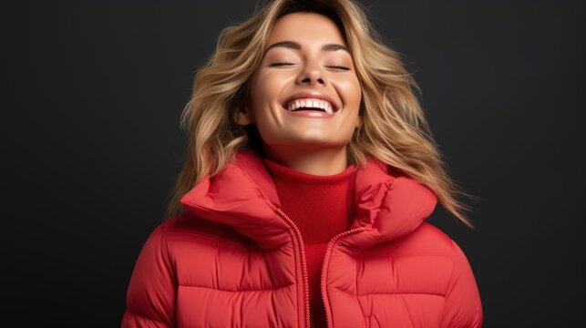 Happy Woman Wearing Red Jacket Breathing, Gradient Color Background, Background Images , Hd Wallpapers