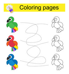 Educational game for children. Go through the maze and color a parrot according to the pattern.