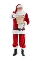 Santa Claus reading wish list on white background