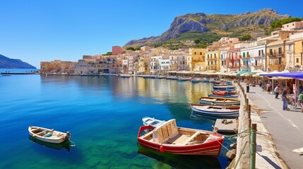 Sicilian port of Castellammare del Golfo, amazing coastal village of Sicily island, province of Trapani, Italy - obrazy, fototapety, plakaty