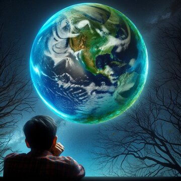 Colonizaci&oacute;n de la Luna. Un chico est&aacute; viendo el planeta Tierra desde la Luna