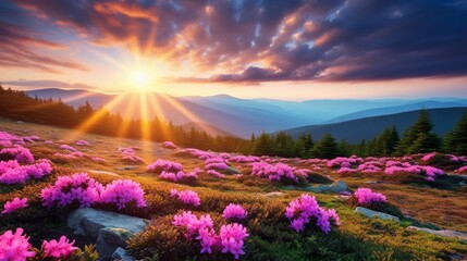 Splendid fields of blooming rhododendron flowers on a summer day. Location place Carpathian...