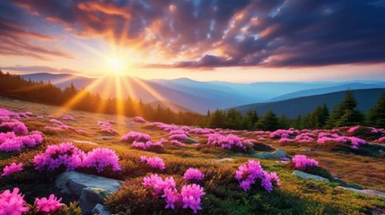 Tuinposter Splendid fields of blooming rhododendron flowers on a summer day. Location place Carpathian mountains, National Park Chornohora, Ukraine, Europe. Photo wallpaper. Discover the beauty of earth. © Muhammad