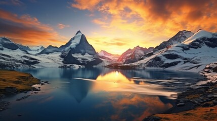 Sunset view on Bernese range above Bachalpsee lake. Highest peaks Eiger, Jungfrau and Faulhorn in famous location. Switzerland alps, Grindelwald valley - obrazy, fototapety, plakaty
