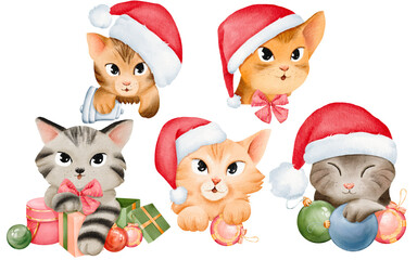 kittens with holiday charm, donning Santa hats, surrounded by Christmas ornaments and presents. These cat portraits are perfect for stickers, cards, sets, and design elements. isolated watercolor