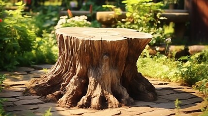 Tree trunk stump as a table in a nature garden park on holiday. With a drooping tree branch, trunk with a smooth surface, to show your products, trees and sunlight in background