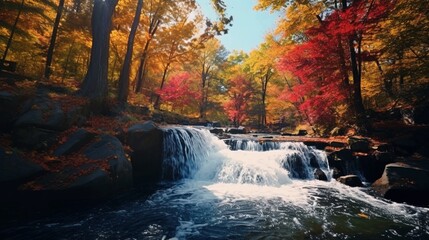 Fototapeta na wymiar waterfall in colorful forest. Beautiful stream flowing in deep forest landscape. waterfall landscape in Autumn season. Autumn landscape in amazing nature. Autumn colors in colorful nature scenery.