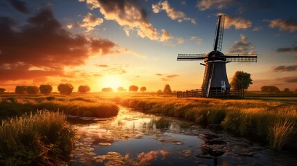 Water scoop mill in east friesland north germany, Traditional windmill in the sunset on a field