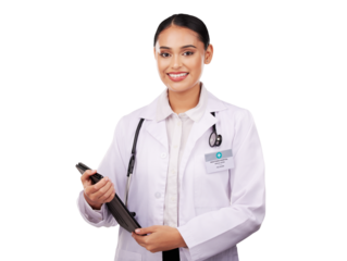 Happy woman, doctor and portrait with tablet in healthcare research isolated on a transparent PNG background. Female person or medical professional smile with technology for health or online advice