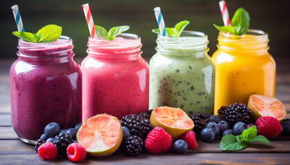 various smoothies in jars with berries and berries