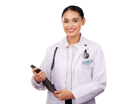 Happy woman, doctor and portrait with tablet in healthcare research isolated on a transparent PNG background. Female person or medical professional smile with technology for health or online advice