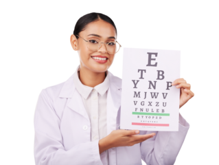 Optometry woman, doctor and chart for eye care exam, letter or vision test in healthcare on a transparent png background. Happy portrait of medical professional with glasses assessment and services