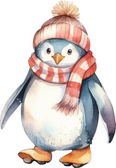 Fototapeta premium Penguin wear hat and scarf skates on ice in winter. Watercolor illustration.