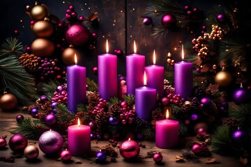 Obraz na płótnie Canvas Advent Candles In Christmas Wreath - Three Purple And One Pink As A Religious Symbol