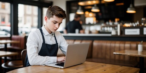 A young man working with a laptop at the coffee shop. Work From Anywhere concept.